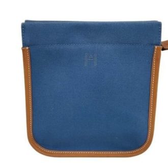 Herm&egrave;s Brown Navy Canvas Leather Pouch (Pre-Owned)