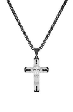 HMY Jewelry Mens Two-Tone Stainless Steel Etched Cross Pendant Necklace in Silver/Black at Nordstrom Rack