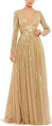 Mac Duggal Sequined Mesh V Neck Long Sleeve A-Line Gown