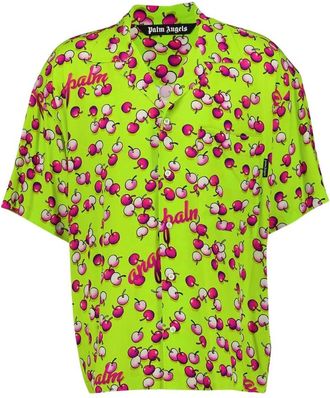 Palm Angels Kersenprint Bowling Shirt Lime Fuchsia - Heren - Korte mouwen Overhemden - Veelkleurig - L - Overhemden