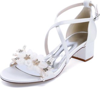 Generic Wedding Bridal Shoes Womens Low Heel Sandals Bridal Chunky Heels Wedding Party Shoes Satin Prom Party Dress Pumps 4.5Cm,White,10 UK