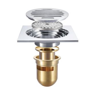 OEM Drain De Suelo - 12 Cm X 12 Cm - Acabado En Lat&oacute;n Cepillado - Compatible Con Baldosas Cuadradas - Doble Filtro Extra&iacute;ble - Para Ba&ntilde;o Cocina Garaje - 1