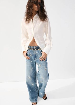 Mango Jeans dritti ricamo floreale blu medio - Donna - 36 - MANGO