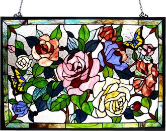 Chloe Lighting Tiffany-glass featuring Roses & Butterflies Window Panel 27x19
