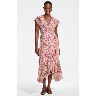 Lands End Chiffon Flutter Sleeve V-Neck Wrap Maxi Dress in Ivory/soft Blush Blooms at Nordstrom, Size Small P