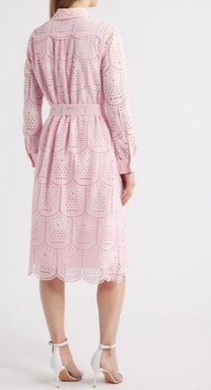 Lilly Pulitzer Eira Eyelet Tie Waist Long Sleeve Maxi Shirtdress in Pink Muse Pineapple Tile at Nordstrom, Size 00