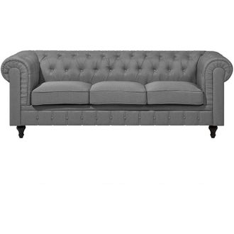 Beliani Beliani - Classic 3 Seater Sofa Button Tufted Fabric Light Grey Living Room Chesterfield