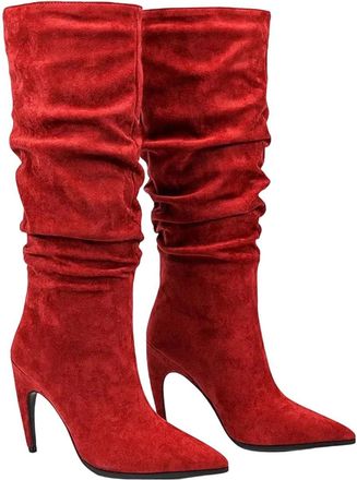 Generic Women Thigh High Suede Boots Pleated Shaft Stiletto Heel Winter Outdoor Casual Long Boot