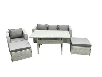 Fimous Rattan Garden Furniture Set Outdoor 6 Seater Patio Dining Sets with Glass Top Dining Table Light Grey Mixed