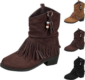 Generic Tassel Cowboy Boots for Women Winter Mid Calf Boots Ladies Chunky Low Heel Fringe Cowgirl Boot Slouchy Pointed Toe Comfortable Shoes Vintage Anti-Slip