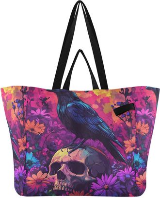 Generic Skull Flowers Purple print Reusable Canvas Tote Bag, Heavy Duty Grocery Shopping Bag with Double Handles Hard Bottom Large Capacity Work Groceries Tra