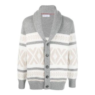Brunello Cucinelli MenS Light Grey Patterned Shawl Cardigan, Size 44