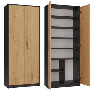 OEM Librer&iacute;a Cerrada Color Antracita - Roble Artesanal, 8 Estantes, Puertas, Para Sal&oacute;n, Despacho O Habitaci&oacute;n Infantil