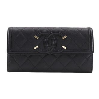 Chanel Black Grained Calfskin Long Wallet (Bi-Fold) (Pre-Owned)