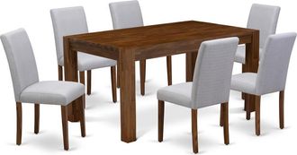East West Furniture 7 Piece Dining Table Set Consist of a Rectangle Rustic Wood Kitchen Table and 6 Grey Linen Fabric Upholstered Parson Chairs
