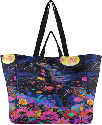 Generic Horse Black print Reusable Canvas Tote Bag, Heavy Duty Grocery Shopping Bag with Hard Bottom Large Capacity Double Handles Work Groceries Travel