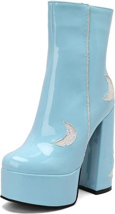 Generic Womens Patent Leather Ankle Boots with Platform & Chunky Heel,Side Zipper Sparkly Party Booties,Blue,5.5 UK