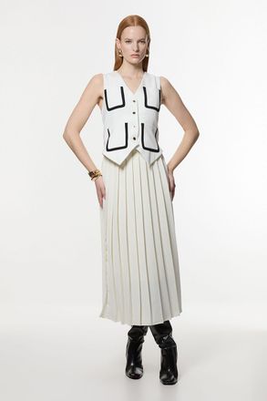 Karen Millen Womens Compact Stretch Sleeveless Pleated Tipped Tailored Midaxi Dress - White - Size 8 UK