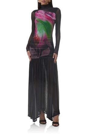 AFRM Joni Sheer Long Sleeve Turtleneck Mesh Maxi Dress in Pink Peony Blur at Nordstrom Rack, Size Xx-Small