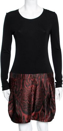Roberto Cavalli Black & Red Animal Printed Silk Jersey Pleated Dress