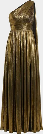 Mac Duggal Draped One-Shoulder Metallic Lame Gown