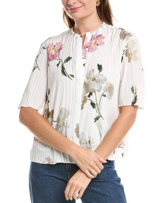 Vince Wilted Peony Pleated Band Collar Shirt