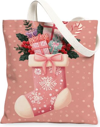 Generic Christmas Stocking Canvas Tote Bags, Holiday Floral Design Reusable Grocery Bags, Vintage Lightweight Washable Shoulder Strap Canvas for Shopping Trav