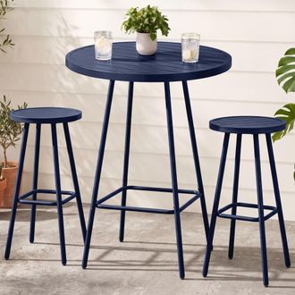 Best Choice Products 3-Piece Steel Patio Bar Height Round Bistro Set w/ Backless Stools, Slatted Design