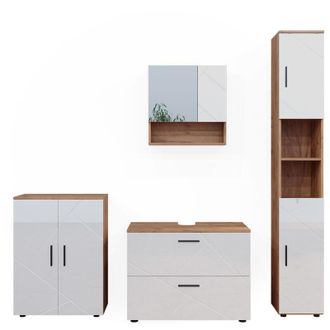 Vicco Set di mobili da bagno Irma, Bianco lucido/oro power oak, 4 pezzi, con cassettiera e mobile midi