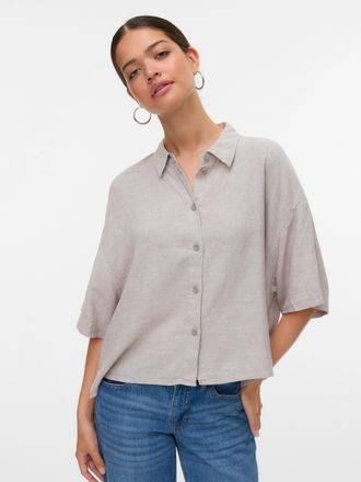 Vero Moda Hemdbluse VERO MODA VMLINN LINEN 2/4 SHORT SHIRT WVN NOOS, Damen, Gr. XL, grau (moon rock detail:melange), Web, Obermaterial: 55% Leinen, 45% Viskose,