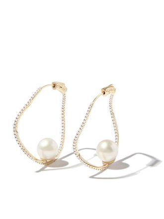 Mateo Bijoux 14kt yellow gold wave diamond and pearl hoop earrings