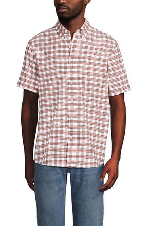 Lands End Short Sleeve Sail Rigger Shirt in Sunset Coral Pink/white Plaid at Nordstrom, Size Xx-Large