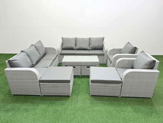 Fimous PE Wicker Rattan Furniture Sofa Sets with Coffee Table 4 Stools in Light Grey