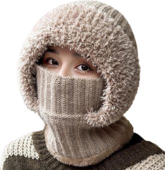 Generic Womens Outdoors Windproof Scarf Hat, 3 in 1 Winter Balaclava Beanie Hat for Women, Warm Knitted Face Mask Hat Cap Scarf Khaki