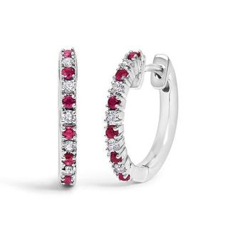 House of Brilliance 10K Gold Alternating Diamond and Red Ruby Huggy Hoop Earrings in White at Nordstrom