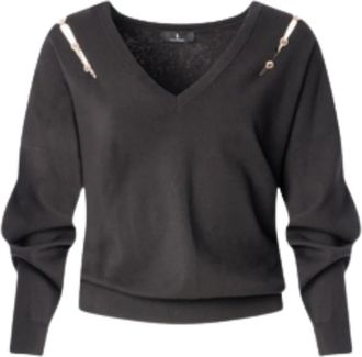 Fracomina V-hals gebreid met juweeldetails op de schouders - Dames - V-hals truien - Zwart - S - Denim - Truien & Vesten