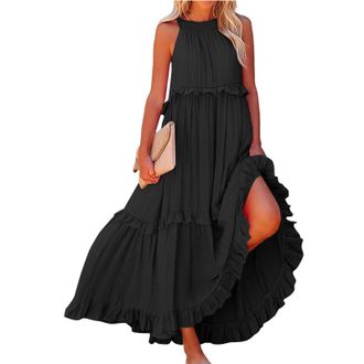 Generic Womens Summer Maxi Dresses Elegant Loose Sleeveless Vacation Dress Flowy Ruffle Boho Beach Party Long Dresses