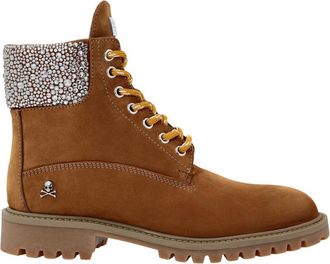 Philipp Plein Schoenen, Dames, Bruin, 37 EU, Leer, Nabuk Laarzen Lage Platte Kristal The Hunter