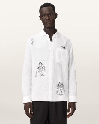 AllSaints Cotton Terror Long Sleeve Linen Shirt, Size: XXL