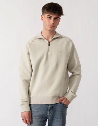 HUGO BOSS Mens BOSS Green Sweat Mens 1/4 Zip Sweatshirt - Light Beige 272 - Tan - Size: 42