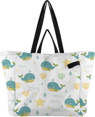 Generic Underwater Whales Starfish White pattern Reusable Canvas Tote Bag, Heavy Duty Grocery Shopping Bag with Hard Bottom Large Capacity Double Handles Work