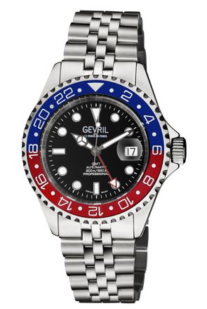 Gevril Group Mens Wall Street 4952B Swiss Automatic GMT, SW330 Movement Date Luminous Stainless Steel Watch - Silver - One Size