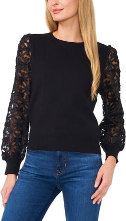 CeCe by Cynthia Steffe Mixed Media Lace Sleeve Sweater in Rich Black at Nordstrom, Size X-Small