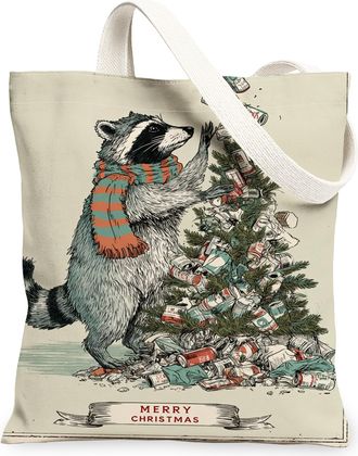 Generic Christmas Raccoon Canvas Tote Bags, Holiday Animal Design Reusable Bags, Vintage Lightweight Washable Shoulder Strap Tote F, Beige, 13x15 Inch