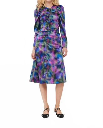 Ganni Silk Satin O-Neck Midi Dress In Purple