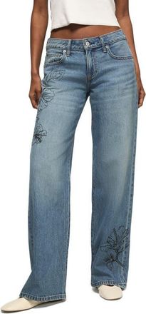 Lucky Brand Floral Embroidered Baggy Wide Leg Jeans in Island Time Wash at Nordstrom, Size 27 X 32