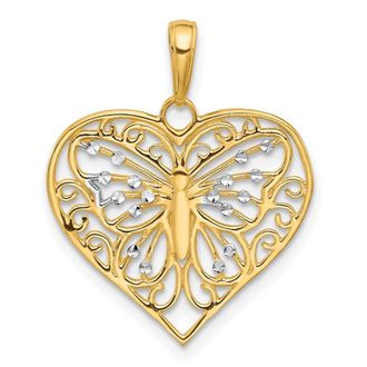 Diamond2Deal 14k Yellow Gold White Rhodium Diamond-Cut Butterfly Heart Pendant