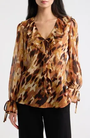 Tahari by ASL Print Ruffle Balloon Sleeve Top in Luggage Animal at Nordstrom, Size X-Small