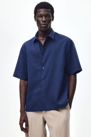 H&M Relaxed Fit Short-sleeved Linen-blend Shirt in Dark Blue at Nordstrom, Size Xx-Large