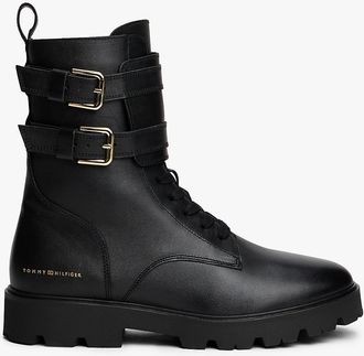 Tommy Hilfiger Womens Smooth Leather Buckle Strap Biker Boot - Black - US 8.5 / EU 39